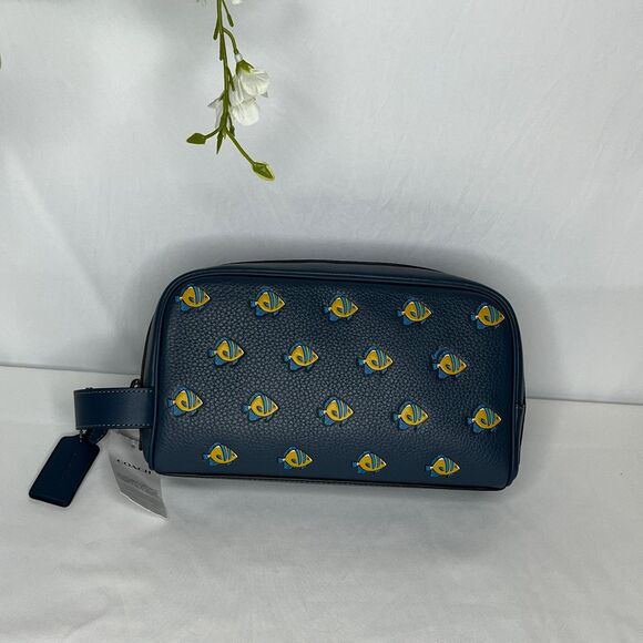 Coach New York Navy Blue Leather Cosmetic Bag, Yellow Fish Print, Dust Bag, NWT - Picture 9 of 13